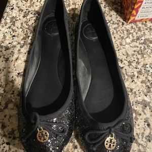Size 8 - Tory Burch Chelsea Ballet Glitter-Grossgrain Black Flats